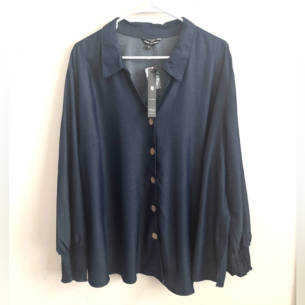 Women Navy Blue Shirt 3X Button Up Long Sleeve Lightweight  Minimalist Workwear